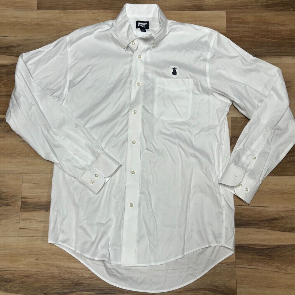 Lands' End Shirt Mens Medium White Cotton Button Down Pocket Logo